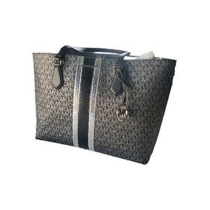 Michael Kors Sheila Black Gray Silver Double Handle Logo Medallion Tote 10" X16"